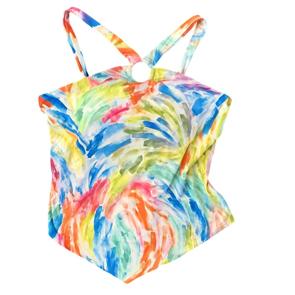 Halter Bathing Suit Top Tankini Multi Color Built In Bra Tie Back Women's SZ M